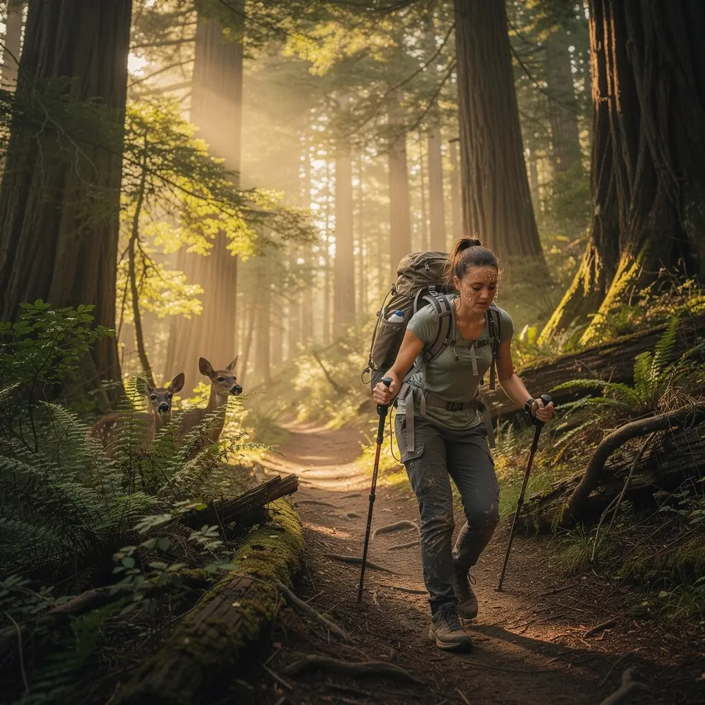 Кемпинг у океана с палатками и костром, окруженный живописными пейзажами и лесами.