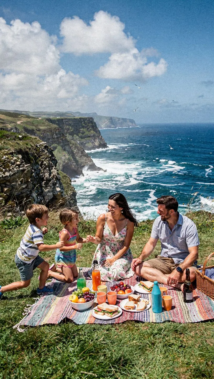Кемпинг у океана с палатками, расположенными на фоне заката и шумящих волн.
