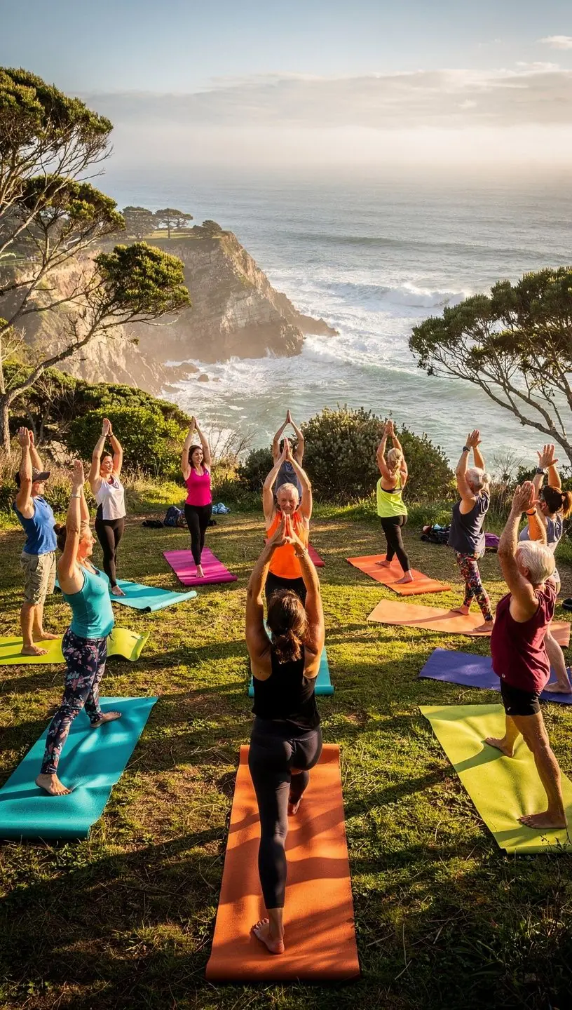 Кемпинг у океана с палатками, расположенными на берегу, и вечерним закатом над водой.