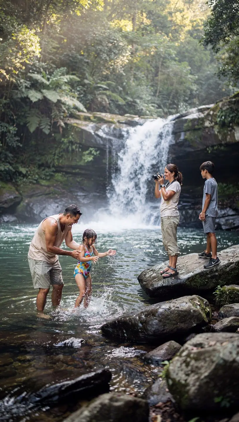 Пешеходная тропа, ведущая к живописному водопаду, окруженная величественными секвойями.