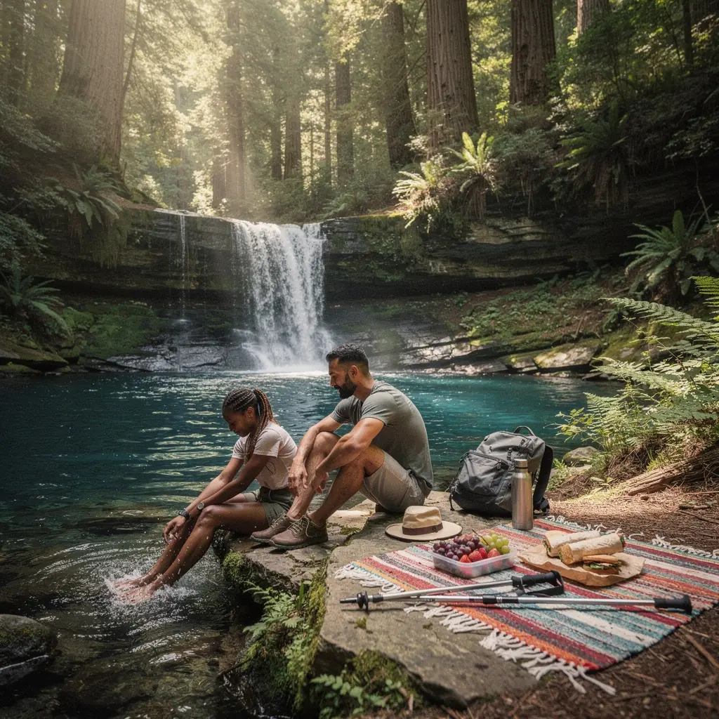 Пеший маршрут к водопаду, окруженный густыми деревьями и яркими цветами на фоне голубого неба.