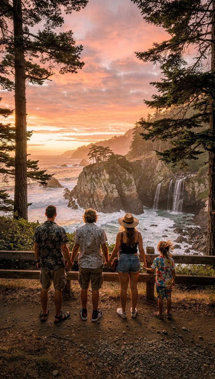 Узкая прибрежная дорога вдоль океана с величественными красными деревьями и скалистыми утесами.