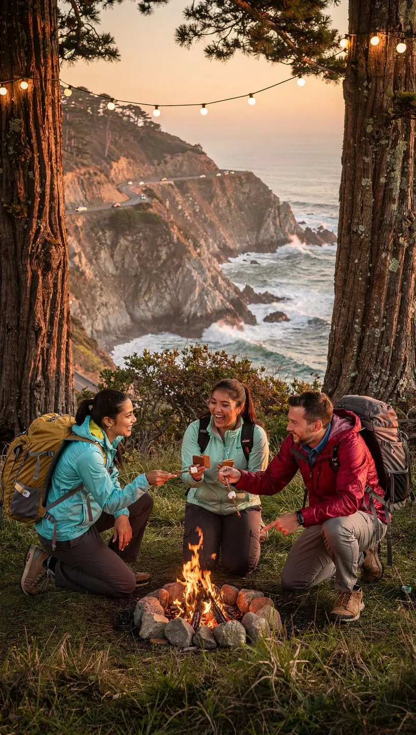 Вид на живописное побережье Биг Сур с высокими скалами и зелеными лесами секвойи.