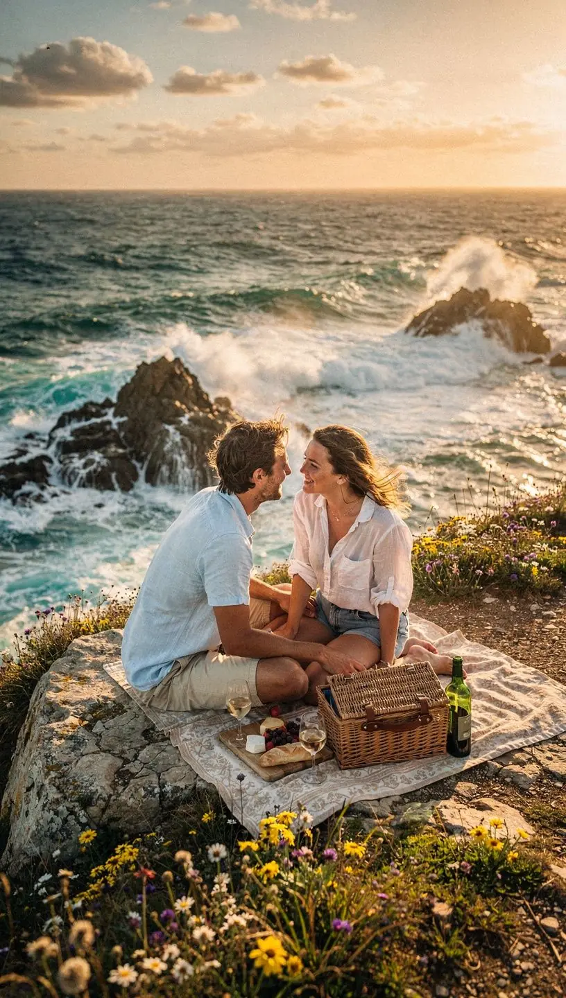 Кемпинг у океана, где отдыхающие наслаждаются вечерним костром на фоне заката над Тихим океаном.