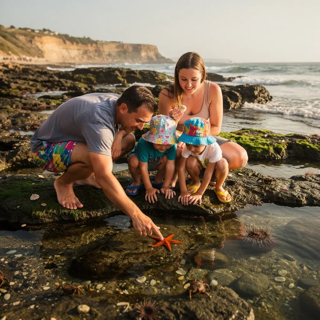 Кемпинг у океана с палатками и костром на закате.